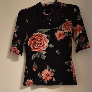 Guess Black Floral Tie-Neck Blouse with Coral Blooms
